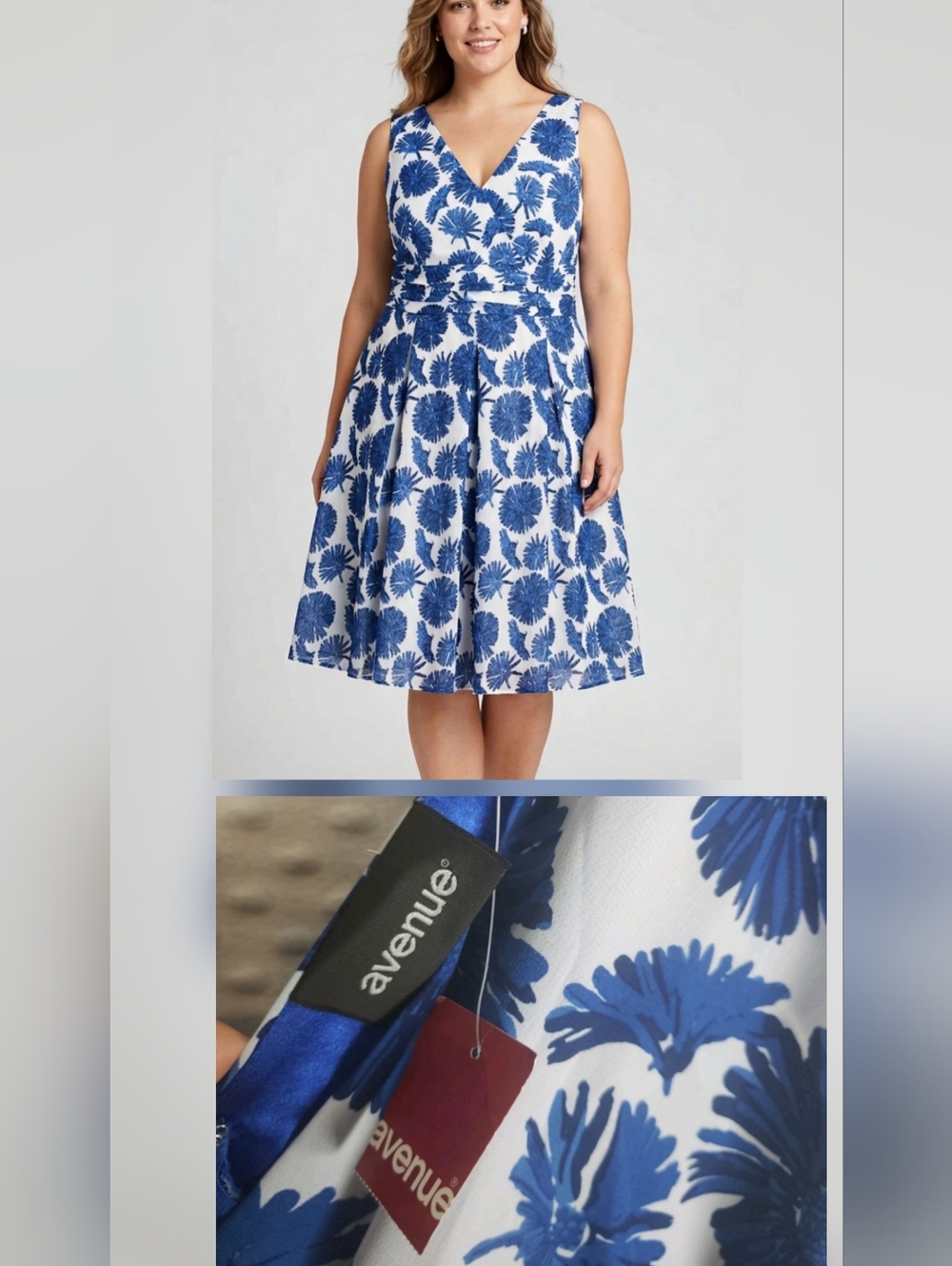 NWT Avenue Blue and White Floral Knee Length To Midi Dress Size 20